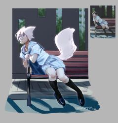 Rule 34 | 1girl, animal ears, artist name, bag, bench, black eyes, black footwear, blue bag, blue skirt, fox ears, fox tail, hhhori, kneehighs, leaning to the side, looking to the side, original, outdoors, reference inset, shadow, shirt, shoes, short hair, short sleeves, skirt, socks, solo, tail, tree, white hair, white shirt