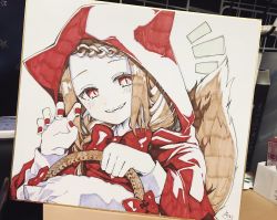 Rule 34 | 1girl, animal ears, animal hood, basket, blush, bow, braid, brown hair, capelet, claw pose, commentary, fake animal ears, grin, hands up, head tilt, highres, holding, holding basket, hood, hood up, hooded capelet, little red riding hood, little red riding hood (grimm), long sleeves, looking at viewer, nail polish, notice lines, parted lips, photo (medium), red bow, red capelet, red eyes, red nails, smile, sofra, solo, swept bangs, symbol-only commentary, tail, traditional media, wolf ears, wolf girl, wolf hood, wolf tail