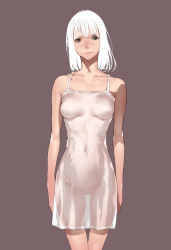 Rule 34 | 1girl, breasts, brown eyes, collarbone, covered navel, cowboy shot, frown, grey background, looking at viewer, medium breasts, original, see-through, short hair, simple background, solo, takeda sun, thighs, white hair
