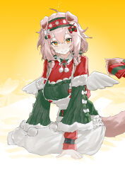 Rule 34 | 1girl, absurdres, ahoge, alternate costume, animal ears, apron, arknights, bow, braid, cat ears, cat girl, cat tail, christmas, fake wings, goldenglow (arknights), gradient background, hair between eyes, hairband, highres, kneeling, looking at viewer, medium hair, multicolored clothes, multicolored sweater, pink hair, renxzd, ribbon, solo, sweater, tail, tail ornament, tail ribbon, white apron, wings, yellow background, yellow eyes