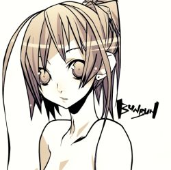 Rule 34 | 1girl, artist name, brown eyes, brown hair, bunbun, looking at viewer, medium hair, ponytail, simple background, solo, upper body, vector trace, white background