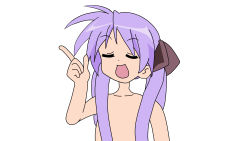Rule 34 | 00s, 1girl, absurdres, censored nipples, convenient censoring, closed eyes, flat chest, hair censor, hair over breasts, highres, hiiragi kagami, long hair, lucky star, nude, open mouth, purple hair, simple background, smile, solo, twintails, upper body, white background