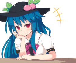 Rule 34 | +++, 1girl, bad id, bad pixiv id, beni shake, blue hair, hat, head rest, headrest, hinanawi tenshi, long hair, looking at viewer, red eyes, smile, solo, touhou