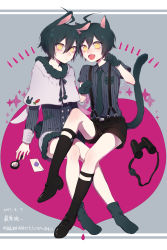 Rule 34 | 2boys, absurdres, ahoge, alternate hair length, alternate hairstyle, animal ears, arm support, binoculars, black footwear, black hair, black shirt, black shorts, bullet, buttons, capelet, cat boy, cat ears, cat tail, commentary request, danganronpa (series), danganronpa v3: killing harmony, dated, double-breasted, dual persona, envelope, fang, hair between eyes, hand up, heart, highres, invisible chair, kneehighs, long sleeves, magnifying glass, male focus, multiple boys, nanin, open mouth, rabbit boy, rabbit ears, rabbit tail, saihara shuichi, school uniform, shirt, shoes, short hair, shorts, sitting, smile, socks, striped clothes, striped shirt, suspender shorts, suspenders, tail, translation request, yellow eyes