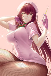 Rule 34 | 1girl, blush, breasts, closed mouth, dress, fate/grand order, fate (series), fishnet pantyhose, fishnets, glasses, gloves, hair between eyes, hat, large breasts, long hair, looking at viewer, nurse cap, okitakung, pantyhose, pink gloves, purple hair, red eyes, scathach (fate), short dress, sitting, smile, solo, sparkle, syringe, thighs, white dress