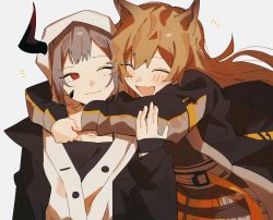 Rule 34 | 2girls, animal ears, arknights, arm around neck, blush, brown hair, ceobe (arknights), closed eyes, closed mouth, dog ears, dog girl, fang, fang out, female focus, happy, highres, horns, hug, jacket, keeta, long hair, material growth, multiple girls, one eye closed, open mouth, oripathy lesion (arknights), red eyes, short hair, single horn, skin fang, vulcan (arknights)