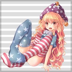 Rule 34 | 1girl, alternate legwear, american flag dress, american flag legwear, american flag shirt, blonde hair, border, bottomless, clownpiece, convenient censoring, convenient leg, fairy wings, fangs, feet, feet together, hat, highres, jester cap, long hair, naked shirt, neck ruff, no panties, no shoes, oimo (imoyoukan), open mouth, red eyes, shirt, sitting, smile, solo, striped, striped background, thighhighs, thighs, touhou, very long hair, wings