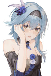 Rule 34 | 1girl, absurdres, atiarta7, bare shoulders, black collar, black dress, black hairband, blue hair, blush, breasts, cleavage, collar, collarbone, detached collar, dress, eula (genshin impact), flower, genshin impact, hair between eyes, hair flower, hair ornament, hairband, hand on own face, hand up, highres, large breasts, lips, looking to the side, medium hair, off-shoulder dress, off shoulder, official alternate costume, parted lips, short sleeves, sidelocks, simple background, solo, twitter username, upper body, white background, yellow eyes