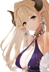 Rule 34 | 1girl, alba (granblue fantasy), arms at sides, bare shoulders, blonde hair, breasts, cleavage, closed mouth, dress, earrings, feather boa, freckles, glint, granblue fantasy, head tilt, highres, horns, jewelry, large breasts, lips, long hair, looking at viewer, mezurashiiaji, mole, mole under mouth, necklace, orange hair, pointy ears, purple dress, simple background, sleeveless, sleeveless dress, solo, upper body, white background