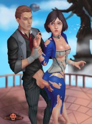 Rule 34 | 1boy, 1girl, age difference, ass, between legs, bioshock, bioshock (series), bioshock infinite, blue eyes, booker dewitt, breasts, brown hair, captured, corset, disability, elizabeth (bioshock infinite), erection, forced, headpat, highres, incest, jewelry, neck ring, penis, sex, sex from behind, standing, thimble, torn clothes, unbuttoned