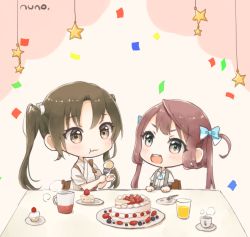 Rule 34 | 10s, 2girls, :d, artist name, asagumo (kancolle), ascot, bad id, bad pixiv id, blush, bow, brown eyes, brown hair, cake, confetti, cup, cupcake, detached sleeves, drink, drinking glass, food, fork, green hair, hair bow, hair rings, kantai collection, long hair, multiple girls, nuno (pppompon), open mouth, school uniform, shirt, short sleeves, grey eyes, skirt, smile, star (symbol), steam, string, suspender skirt, suspenders, teeth, twintails, very long hair, white shirt, zuikaku (kancolle)