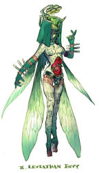 Rule 34 | 1girl, antennae, bandaid, bandaid on breast, blood, chastity belt, curtains, green eyes, green hair, high heels, highres, arthropod girl, insect wings, knife, organs, original, pigeon666, scalpel, scar, seven deadly sins, shower curtain, standing, wings