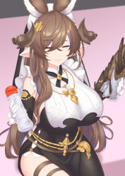 Rule 34 | animal ears, asymmetrical hair, breasts, brown hair, detached sleeves, etan14, extra ears, frilled sleeves, frills, galleon&#039;s jaw, galleon (granblue fantasy), gloves, granblue fantasy, highres, horns, large breasts, long hair, lube, multicolored hair, pointy ears, solo, streaked hair, thigh strap, very long hair, white gloves