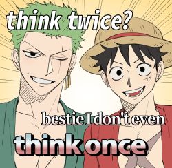 2boys black_eyes black_hair brown_headwear cross_scar dol_ishi earrings english_text facial_scar flat_color green_hair green_kimono grin hat japanese_clothes jewelry kimono looking_at_viewer male_focus meme microsoft_word monkey_d._luffy multiple_boys one_piece parody pectoral_cleavage pectorals red_shirt roronoa_zoro scar scar_across_eye scar_on_cheek scar_on_face shirt short_hair smile straw_hat