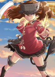 Rule 34 | 1girl, black skirt, blue sky, brown eyes, brown hair, cloud, collared shirt, commentary request, feet out of frame, flight deck, fuji (pixiv24804665), highres, japanese clothes, kantai collection, kariginu, looking at viewer, machinery, magatama, pleated skirt, red shirt, ryuujou (kancolle), scroll, shirt, skirt, sky, solo, twintails, visor cap