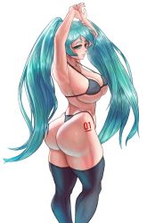 Rule 34 | 1girl, arms up, ass, bikini, black bikini, blush, breasts, cleavage, collarbone, green eyes, green hair, hatsune miku, highres, huge ass, large breasts, long hair, looking at viewer, smile, solo, superbusty, swimsuit, tattoo, thick thighs, thighhighs, thighs, twintails, very long hair, vocaloid, white background