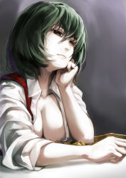 Rule 34 | 1girl, ascot removed, asutora, breasts, cleavage, collarbone, green hair, half-closed eyes, hand on own cheek, hand on own face, highres, kazami yuuka, large breasts, looking at viewer, open clothes, open shirt, open vest, red eyes, shirt, solo, touhou, upper body, vest