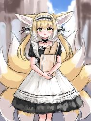 Rule 34 | 1girl, :d, absurdres, alternate costume, animal ear fluff, animal ears, arknights, bag, baguette, black dress, blonde hair, blue sky, blurry, blurry background, blush, bread, collarbone, commentary, day, depth of field, dress, enmaided, feet out of frame, food, fox ears, fox girl, fox tail, green eyes, grocery bag, highres, holding, holding bag, kitsune, kyuubi, long hair, looking at viewer, maid, multicolored hair, multiple tails, open mouth, outdoors, paper bag, puffy short sleeves, puffy sleeves, rylaera, shopping bag, short sleeves, sketch, sky, smile, solo, standing, suzuran (arknights), tail, twintails, two-tone hair, white hair