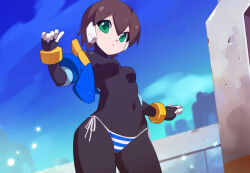 Rule 34 | 1girl, aile (mega man zx), black bodysuit, blue jacket, blue panties, blue sky, blurry, blurry background, bodysuit, bodysuit under clothes, breasts, brown hair, covered navel, cowboy shot, cropped jacket, green eyes, jacket, kaidou zx, looking at viewer, mega man (series), mega man zx, off shoulder, open clothes, open jacket, panties, robot ears, short hair, side-tie panties, sky, small breasts, solo, striped clothes, striped panties, underwear, white panties