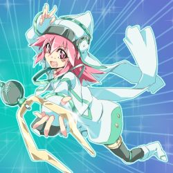 Rule 34 | 1girl, akasaka koutarou, boots, duel monster, hat, pink eyes, pink hair, solo, tuning magician, white hat, yu-gi-oh!
