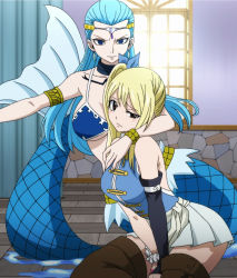Rule 34 | 2girls, aquarius (fairy tail), bare shoulders, blonde hair, blue eyes, blue hair, blush, boots, bra, breasts, brown eyes, closed mouth, collarbone, day, detached sleeves, earrings, facing viewer, fairy tail, fins, fish tail, floor, hair ornament, hair ribbon, hand tattoo, hands between legs, happy, highres, holding, hug, indoors, jewelry, kneeling, large breasts, long hair, looking at viewer, lucy heartfilia, mermaid, monster girl, multiple girls, outstretched arm, ponytail, ribbon, room, screencap, side ponytail, sitting, skirt, sleeveless, smile, smirk, sunlight, tail, tattoo, thigh boots, thighhighs, underboob, underwear, wall, water, window