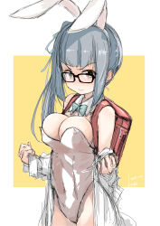 Rule 34 | 1girl, absurdres, alternate breast size, alternate costume, animal ears, backpack, bag, bespectacled, blue bow, blue bowtie, bow, bowtie, breasts, brown eyes, cleavage, cowboy shot, detached collar, dress shirt, fyuo, glasses, grey hair, highres, kantai collection, kasumi (kancolle), large breasts, leotard, long hair, looking at viewer, one-hour drawing challenge, open clothes, open shirt, playboy bunny, rabbit ears, randoseru, shirt, side ponytail, solo, strapless, strapless leotard, two-tone background, white leotard, yellow background