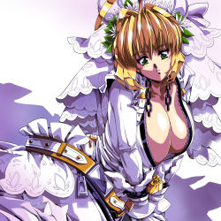 Rule 34 | 1girl, absurdres, ahoge, belt, blonde hair, blush, bodysuit, breasts, center opening, chain, fate/extra, fate/extra ccc, fate/grand order, fate (series), flower wreath, full-length zipper, green eyes, hair between eyes, hair intakes, head wreath, highres, large breasts, lock, long hair, looking at viewer, loose belt, mfnineteen, nero claudius (bride) (fate), nero claudius (fate), nero claudius (fate) (all), open mouth, padlock, smile, solo, thighs, veil, white bodysuit, zipper, zipper pull tab