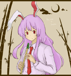 Rule 34 | 1girl, animal ears, bad id, bad pixiv id, bamboo, bamboo forest, face, female focus, flute, forest, fujinoki (horonabe-ken), instrument, long hair, nature, necktie, purple hair, rabbit ears, recorder, red eyes, red necktie, reisen udongein inaba, shimo fuji, solo, tin whistle, touhou