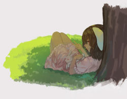 Rule 34 | 1girl, animal, animal ears, animal hug, brown hair, rabbit, rabbit ears, dress, grass, grey background, hand on own stomach, highres, inaba tewi, knees up, looking at viewer, lying, mister rhino (wangzisama1001), on back, outdoors, pink dress, red eyes, short hair, sideways glance, smile, solo, touhou, tree, under tree, v