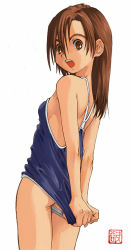 Rule 34 | 1girl, ass, brown eyes, brown hair, clothes pull, clothing aside, competition school swimsuit, flat chest, long hair, one-piece swimsuit, one-piece swimsuit pull, open mouth, original, saitani umetarou, school swimsuit, simple background, solo, swimsuit, swimsuit aside