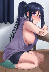 Rule 34 | 1girl, bare shoulders, blush, breasts, commentary request, curtains, from side, green legwear, grin, high ponytail, highres, hood, hoodie, igarashi kyouhei, indoors, large breasts, long hair, looking at viewer, love live!, love live! sunshine!!, matsuura kanan, purple eyes, purple hair, shirt, shorts, sideboob, sidelocks, sitting, sleeveless, sleeveless shirt, smile, solo, swept bangs, table, thighs, wariza, wooden floor