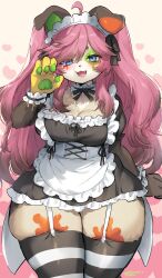 Rule 34 | 1girl, absurdres, animal nose, black thighhighs, blue eyes, blush, body fur, breasts, brown fur, choker, cleavage, commission, curvy, fang, frilled choker, frills, furry, furry female, garter straps, hand up, highres, large breasts, long hair, looking at viewer, maid, maid headdress, medium breasts, open mouth, original, paint, pink hair, plump, skeb commission, snout, solo, striped clothes, striped thighhighs, suurin (ksyaro), thick thighs, thighhighs, thighs, twitter username, white choker, wide hips