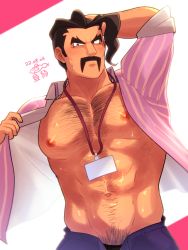 Rule 34 | 1boy, abs, bara, bare pectorals, blurry, brown hair, chest hair, closed mouth, collared shirt, commentary request, creatures (company), dated, facial hair, game freak, hairy, hand on own head, lanyard, large pectorals, male focus, male pubic hair, mature male, muscular, muscular male, mustache, navel, nintendo, nipples, open clothes, open shirt, opened by self, pectorals, pokemon, pokemon sv, pubic hair, pubic hair peek, purple shirt, saguaro (pokemon), shirt, short hair, signature, solo, sweat, upper body, yowaifish
