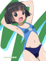 Rule 34 | 1girl, armpits, artist name, black hair, blush, breasts, dated, embarrassed, girls und panzer, grey eyes, highres, looking at viewer, naotosi, navel, open mouth, short hair, small breasts, solo, sono midoriko, swimsuit, wavy mouth