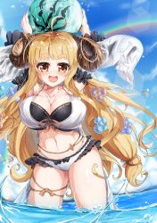 Rule 34 | 1girl, :d, absurdres, ahoge, anila (granblue fantasy), anila (summer) (granblue fantasy), armpits, arms up, ball, bare shoulders, beachball, belly chain, bikini, black bikini, blonde hair, blue sky, blunt bangs, blush, breasts, cleavage, collarbone, commentary request, covered erect nipples, cowboy shot, day, draph, flower, granblue fantasy, hair flower, hair ornament, highres, holding, holding ball, horns, huge breasts, jewelry, large breasts, layered bikini, lens flare, long hair, looking at viewer, low-tied long hair, midriff, mikage (shibi), navel, ocean, open mouth, outdoors, rainbow, sheep horns, short eyebrows, sidelocks, skindentation, sky, smile, solo, standing, swimsuit, teeth, thick eyebrows, thigh strap, upper teeth only, very long hair, wading, wet, white bikini, yellow eyes