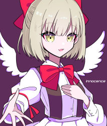 Rule 34 | 1girl, angel wings, blonde hair, bow, bowtie, buttons, collared shirt, commentary request, fang, feathered wings, gengetsu (touhou), hand on own chest, kumeri0804, long sleeves, open mouth, purple background, red bow, red bowtie, red ribbon, ribbon, shirt, short hair, simple background, skirt, suspenders, touhou, touhou (pc-98), white shirt, white skirt, white wings, wings, yellow eyes