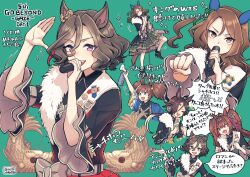 Rule 34 | 5girls, animal ears, blue eyes, bow, brown hair, clenched hand, commentary request, daiwa scarlet (umamusume), ear bow, ear covers, ear ornament, fang, full body, fur-trimmed jacket, fur trim, green background, green bow, green skirt, hair over one eye, hi (ibisf5umauma), highres, holding, holding microphone, horse ears, horse girl, horse tail, inari one (umamusume), jacket, king halo (umamusume), knee up, long hair, long sleeves, microphone, multicolored hair, multiple girls, multiple views, open mouth, plaid, plaid skirt, red eyes, short hair, simple background, skin fang, skirt, smile, splendor of onyx (umamusume), streaked hair, tail, tap dance city (umamusume), twintails, twitter username, umamusume, v-shaped eyebrows, vodka (umamusume), white hair, wide sleeves, yellow eyes