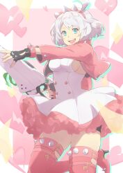 Rule 34 | 1girl, absurdres, ahoge, black gloves, blue eyes, boots, bracelet, breasts, clover, collar, dress, elphelt valentine, fingerless gloves, four-leaf clover, frilled dress, frills, gloves, guilty gear, guilty gear strive, gun, hairband, highres, holding, holding gun, holding weapon, huge ahoge, igaritsuta, jacket, jewelry, large breasts, long sleeves, looking at viewer, open mouth, pink dress, pink footwear, pink hairband, pink jacket, short hair, sideboob, smile, spiked bracelet, spiked collar, spiked hairband, spikes, standing, standing on one leg, thigh boots, two-tone dress, weapon, white dress