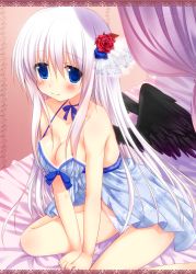 Rule 34 | 1girl, arm support, bad id, bad pixiv id, black wings, blue eyes, blush, border, breasts, cleavage, flower, hair flower, hair ornament, inose riku, lace, lace border, long hair, neck ribbon, nightgown, on bed, original, ornate border, panties, pantyshot, ribbon, shiny skin, silver hair, sitting, smile, solo, strap gap, underwear, v arms, white panties, wings