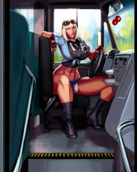 Rule 34 | 1girl, abs, aka6, blonde hair, blue eyes, blue shirt, boots, breasts, bulge, bus, bus interior, coffee cup, commentary, covered erect nipples, crop top, cup, day, denim, denim shorts, disposable cup, driver (kamen rider), english commentary, english text, eyewear on head, fingerless gloves, front-tie top, futanari, gloves, henrietta (aka6), high heel boots, high heels, highres, huge breasts, id card, impossible clothes, impossible shirt, lips, lipstick, looking at viewer, makeup, nail polish, no bra, original, panties, pantyshot, penis, penis peek, pov, rape face, school bus, shirt, short hair, short shorts, shorts, sitting, solo, sunglasses, underwear, white panties, you gonna get raped