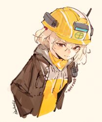 Rule 34 | 1girl, artist name, blonde hair, bodysuit, breasts, brown eyes, brown jacket, closed mouth, goddess of victory: nikke, hands in pockets, hard hat, helmet, highres, jacket, leaning forward, liter (nikke), looking at viewer, mar10, open clothes, open jacket, short hair, simple background, sketch, small breasts, solo, upper body, walkie-talkie, white hood, yellow bodysuit, yellow headwear