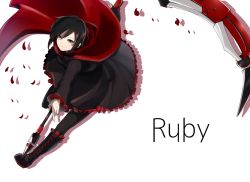 Rule 34 | 1girl, black footwear, boots, character name, cross-laced footwear, knee boots, lace-up boots, looking at viewer, mate@juken, pantyhose, petals, rose petals, ruby rose, rwby, scythe, short hair, smile, solo, weapon, white background