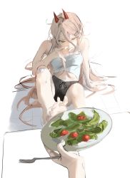 Rule 34 | 1girl, absurdres, bandaged leg, bandages, black shorts, blonde hair, chainsaw man, cross-shaped pupils, disembodied hand, feet, flower, food, fork, highres, holding, holding fork, holding plate, horns, long hair, looking at viewer, midriff, nenem (kimnenemmm art), plate, pov, power (chainsaw man), red horns, shorts, simple background, sitting, solo, symbol-shaped pupils, tank top, tomato, vegetable, white background, yellow eyes