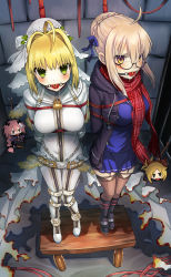 Rule 34 | 2girls, absurdres, ahoge, artoria pendragon (fate), astolfo (fate), ball gag, bdsm, blonde hair, bodysuit, bondage, bound, bound arm, bridal veil, chain, coat, eudetenis, fate/grand order, fate (series), gag, glasses, green theme, highres, leotard, mordred (fate), mordred (fate/apocrypha), multiple girls, mysterious heroine x alter (fate), nero claudius (bride) (fate), nero claudius (fate), nero claudius (fate) (all), open clothes, open coat, peril, red scarf, scarf, school uniform, thighhighs, veil