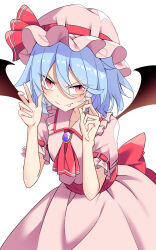 Rule 34 | 1girl, ascot, bat wings, blue hair, blush, brown wings, closed mouth, e.o., fang, hair between eyes, hat, hat ribbon, highres, looking at viewer, mob cap, pink hat, pink shirt, pink skirt, red ascot, red eyes, red ribbon, remilia scarlet, ribbon, shirt, short hair, short sleeves, simple background, skirt, smile, solo, touhou, white background, wings