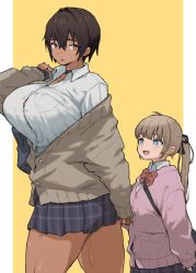 Rule 34 | bag, black skirt, breasts, brown eyes, brown hair, collared shirt, highres, holding hands, kei (m k), large breasts, long hair, long sleeves, looking at another, looking back, m k, open mouth, original, ponytail, rika (m k), school bag, shirt, short hair, simple background, skirt, smile, sweater, thick thighs, thighs, white shirt