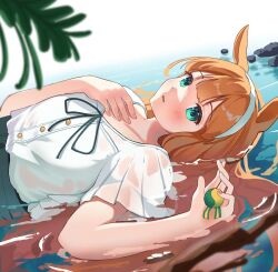 Rule 34 | 1girl, alternate costume, animal ears, aqua eyes, blush, breasts, commentary request, cw ien, green skirt, hair ornament, hairband, hand on own chest, highres, horse ears, horse girl, long hair, looking at viewer, on ground, orange hair, outdoors, partially submerged, shirt, short sleeves, silence suzuka (umamusume), skirt, small breasts, solo, umamusume, upper body, water, wet, white hairband, white shirt