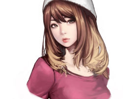 Rule 34 | 1girl, brown eyes, brown hair, fasces (jeson110), hat, lips, long hair, original, realistic, solo, thick lips, upper body