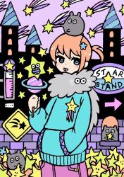 Rule 34 | 1girl, animal, animal on head, arrow (symbol), blue eyes, brick wall, garouma, hand in pocket, highres, looking at viewer, mouse on head, on head, original, planetary ring, purple shorts, purple sky, shooting star, shorts, sky, solo, star (symbol), tongue, tongue out