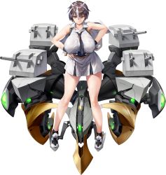 Rule 34 | 1girl, armpits, between breasts, black necktie, breasts, brown hair, cannon, cape, closed mouth, detached sleeves, dress, full body, galatea (last origin), hands on own hips, highres, huge breasts, kuuro kuro, last origin, looking at viewer, military, military uniform, multicolored hair, naval uniform, necktie, necktie between breasts, official art, short dress, short hair, smile, solo, standing, streaked hair, tachi-e, transparent background, turret, two-tone hair, uniform, weapon, white cape, yellow eyes